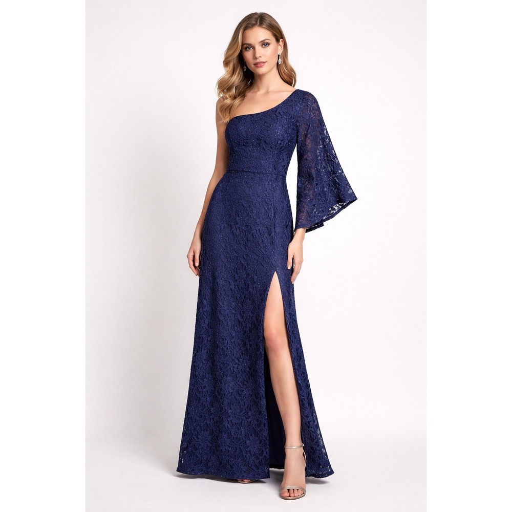 Nightway Womens Lace One Shoulder Bell Sleeve‎ Formal Gown Size 4 Blue Sequins